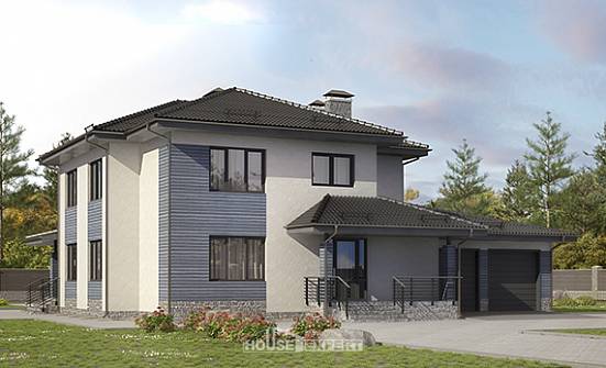 340-005-П Проект двухэтажного дома и гаражом, современный загородный дом из газобетона Суоярви | Проекты домов от House Expert
