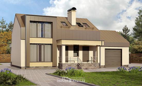 150-015-Л Проект двухэтажного дома с мансардой и гаражом, красивый домик из блока Кондопога | Проекты домов от House Expert