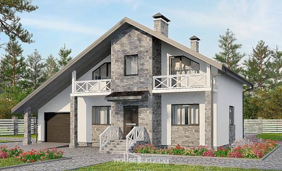 180-017-Л Проект двухэтажного дома с мансардным этажом и гаражом, средний домик из поризованных блоков, Суоярви